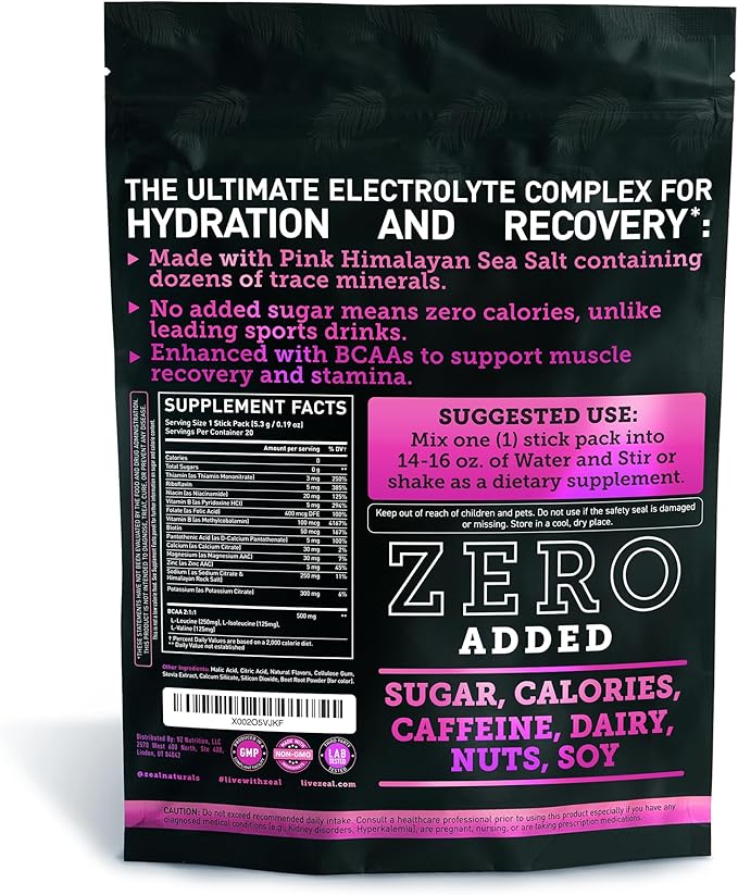 Enhanced Electrolyte Powder Stick Packs (Black Cherry | 20 Packets) w/ 0 Sugar +BCAAs +B-Vitamins Electrolyte Supplement w Potassium Zinc &amp Magnesium for Hydration - Keto Electrolytes