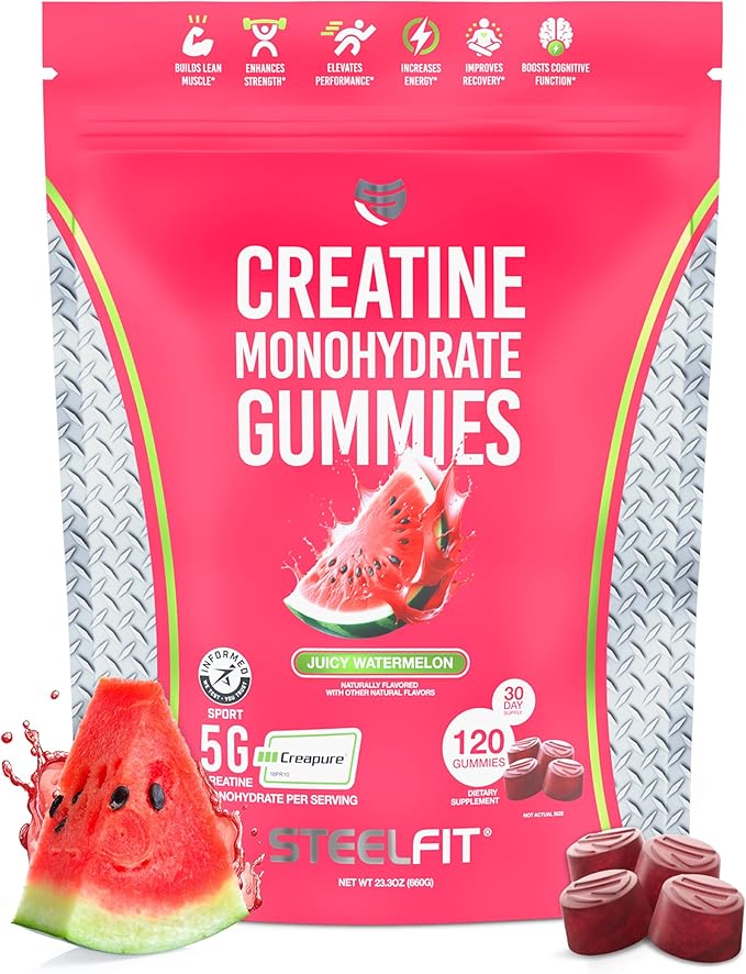 SteelFit Creapure Creatine Monohydrate Gummies for Men &amp Women Juicy Watermelon - Gym Workout Nutritional Supplements for Muscle Gain Brain Health &amp Strength Building Dietary Supplement 120