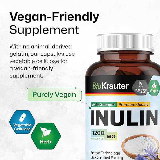 BIO KRAUTER® Inulin Powder from Chicory Root in Capsules 1200 mg per Serving 100 Count - Vegan &amp Pure Inulin Prebiotic Fiber for Gut &amp Digestive Support - No Fillers Non-GMO - 16 Days of Supp