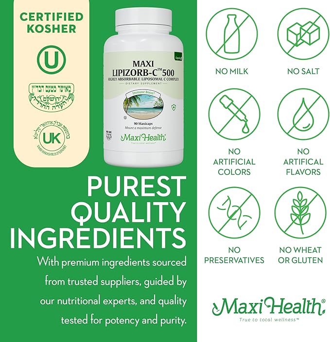 Maxi Health Liposomal Vitamin C 500mg Capsules with Digestive Blend Highly Absorbable High Dose VitaminC Non GMO Kosher Vegetarian Doctor-Formulated Immune Support Supplement (90 Count)