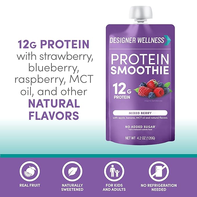 Designer Wellness Protein Smoothie Real Fruit 12g Protein Low Carb Zero Added Sugar Gluten-Free Non-GMO No Artificial Colors or Flavors Mixed Berry 12 Count