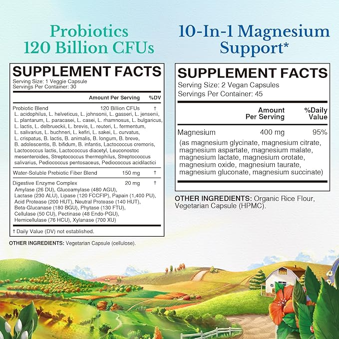 Vitalitown Probiotic + Magnesium Bundle (Pack of 2) | Probiotics 120 Billion (Item 1) &amp 6-in-1 Magnesium Complex (Item 2) | Gut Bone Muscle Sleep Health | Vegan | 30 Capsules &amp 120 Capsules