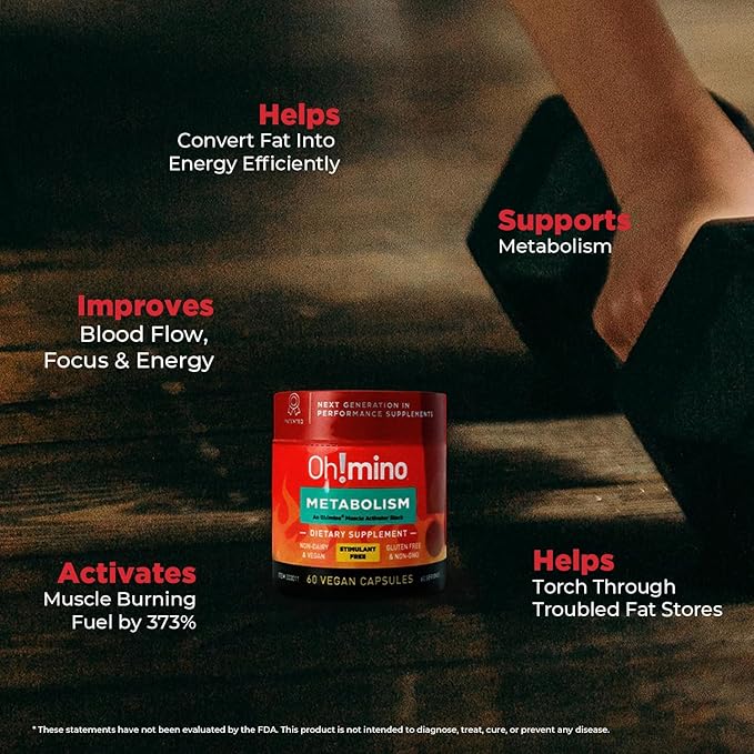 Oh!mino Metabolism Support Supplement for Efficient Fat to Energy Conversion w/L-Carnitine Phenylcapsaicin &amp Vitamin B3 - Non-Jitters Stimulant-Free Vegan Non-Dairy Capsules (60 Servings)