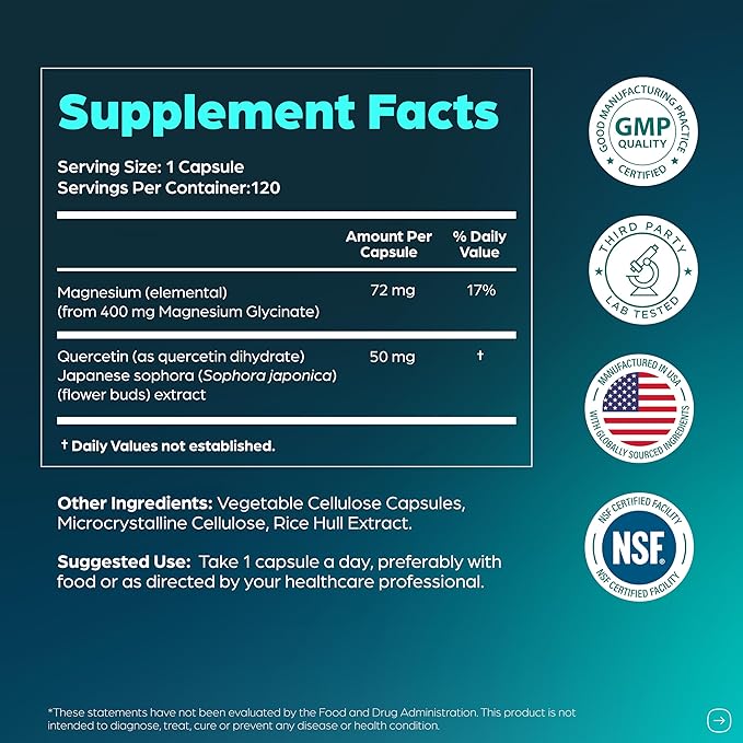 Magnesium Glycinate 400mg High Absorption Capsules with Quercetin | Quality Sleep Relaxation &amp Muscle Health Supplement for Women and Men | Chelated Magnesium 120 Count (Pack of 1) | Easy to Swal