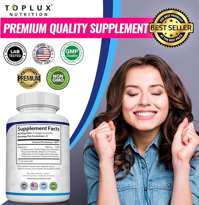 Magnesium Complex Supplement 8 Elemental 1000mg - Magnesium Glycinate Citrate Malate Taurate Chelated for Easy Absorption for Bones Muscle Recovery Energy Vegan Non-GMO 90 Capsules