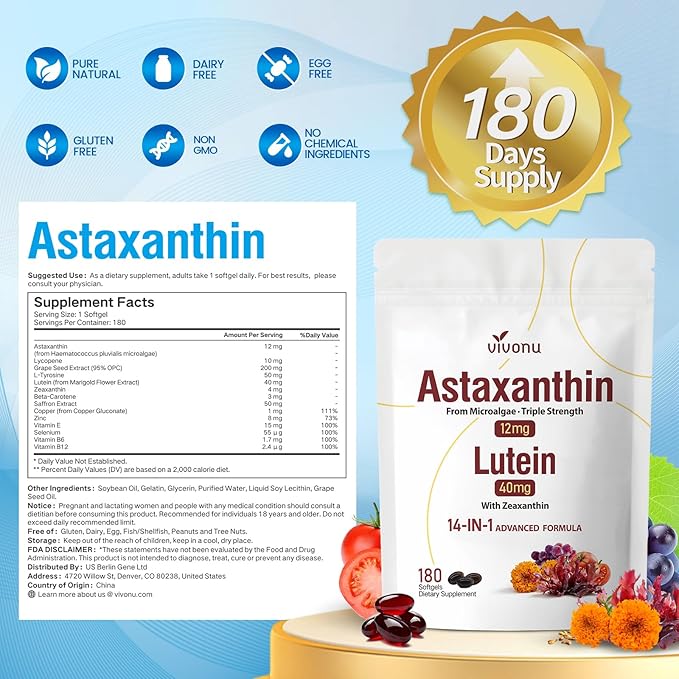 14-in-1 Astaxanthin 12mg &amp Lutein 40mg with Zeaxanthin Supplements 12 Month Supply Fresh Microalgae Source Supports Eye Skin Antioxidant Joint Circulatory Health Non-GMO Gluten Free 2 Ba