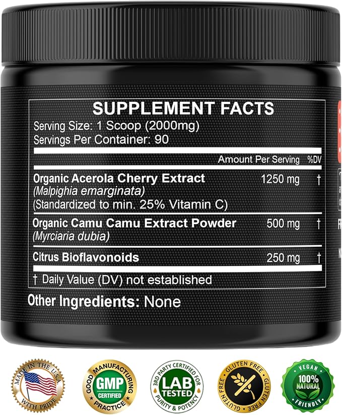 Natural Vitamin C from Acerola Cherry &amp Camu Camu Powder - High Absorption with Citrus Bioflavonoids - Immune System &amp Collagen Booster - Anti Aging Skin Vitamins Made in USA 90 servings