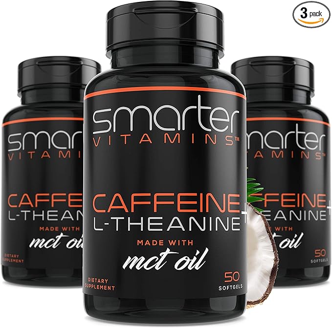 SmarterVitamins (3-Pack 200mg Caffeine Pills with 100mg L-Theanine + Coconut MCT Oil Energy and Focus Extended Release Capsule 150 Liquid Softgels