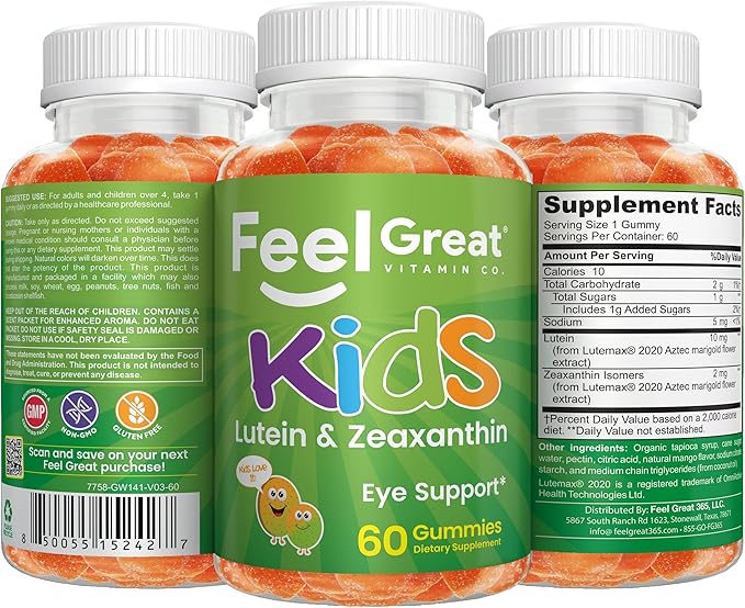 Feel Great Kids Gummy Vitamins for Eyes | Essential Eye Vitamins Lutein and Zeaxanthin | Mango Flavored Vegan Eye Vitamins for Kids | Gluten Free | 60 Day Supply