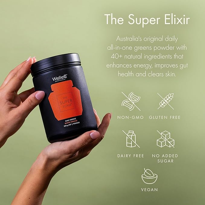 WelleCo The Super Elixir Daily Greens Powder Probiotic Drink Mix with Whole Foods Gluten Free Vegan Gut Health Powder Energy Immunity Healthy Skin Hair &amp Nails (Jar Blood Orange)