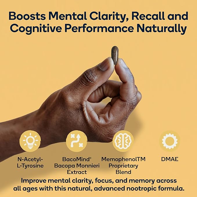 Focus - Premium Cognitive Enhancement Supplement with Natural Nootropics - Memophenol Bacopa &amp DMAE - 60 Veggie Capsules (Focus)