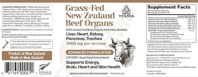 TURNER New Zealand 100% Live-Grass-Fed Beef Organs Complex Supports Whole Body Wellness and Energy with a Powerful Blend of Liver Heart Kidney Pancreas &amp Trachea Non-GMO 3000mg 720 Capsules