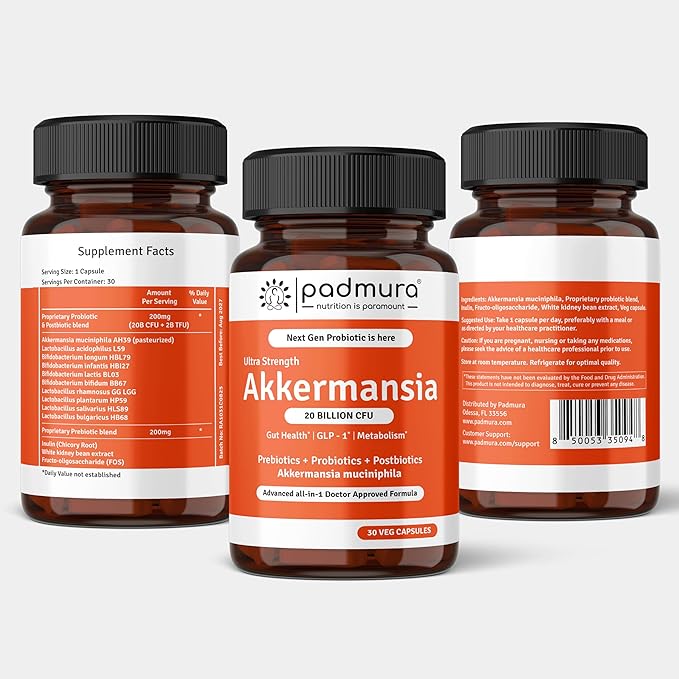 Akkermansia Muciniphila Probiotic Supplement - 20 Billion CFU | 30 Veg Capsules | Prebiotic + Probiotic + Postbiotic Blend | Increases GLP-1 Production | Supports Digestion &amp Gut Health
