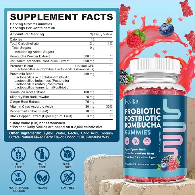 Probiotic Kombucha Gummies for Digestive Health - Synergy Kombucha with Probiotics Prebiotics &amp Postbiotics Dandelion Root Slppery Elm - Gut Health for Women &amp Men Mixed Berry Flavor 60 Gu