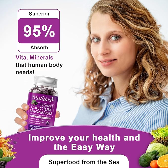 Plant Based Calcium Supplement with Vitamin D3K2 Gummy for Bone Strength Contains Whole Food Natural Minerals-Bone Health Calm Mood &amp Sleep Support for Women &amp Men (2 Pack)
