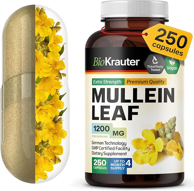 BIO KRAUTER Mullein Capsules 1200 mg 250 Caps - Pure Vegan Mullein Leaf Extract for Lungs - 125 Days of Supply - Lung Cleanse &amp Respiratory Support Supplements - No Fillers Non-GMO