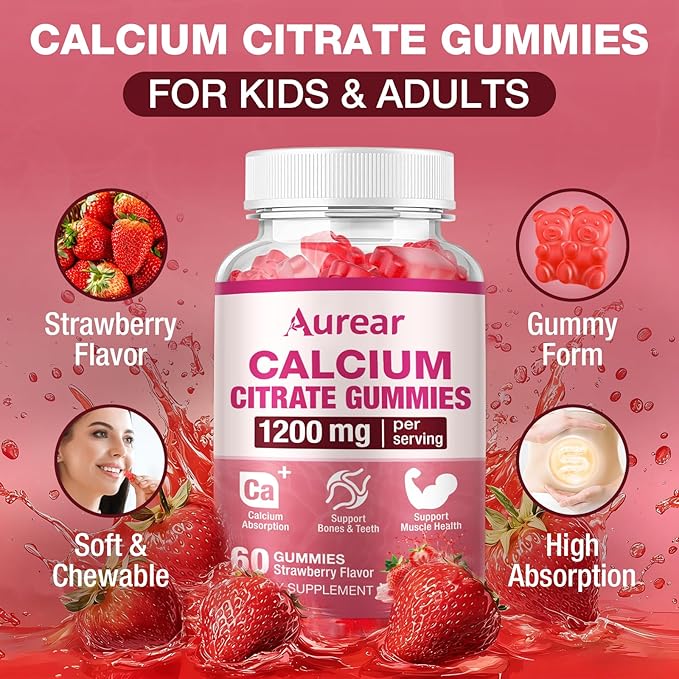 Calcium Citrate Gummies - Strawberry Flavor 1200mg High Potency Supports Bone Muscle &amp Overall Wellness for Men Women &amp Seniors 60 Count Chewable Calcium Supplement (Pack of 2)