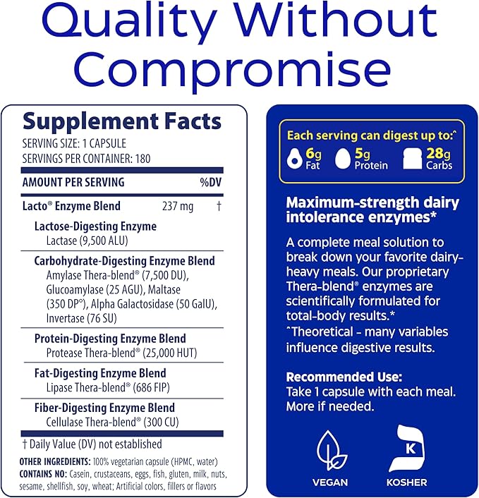 Enzymedica Lacto Digestive Enzymes for Men &amp Women - Lactose Intolerance Support Supplement with Lactase Enzyme Breaks Down Dairy Heavy Meals Helps Reduce Gas &amp Bloating Gluten Free - 180 C