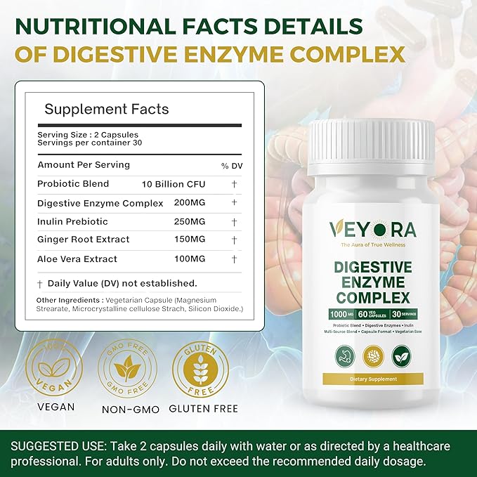 Digestive Enzyme Complex 1000 mg | 60 Vegan Capsules | with Probiotic &amp Inulin Fiber | Multi-Source Clean Label Formula | Non-GMO | Gluten-Free