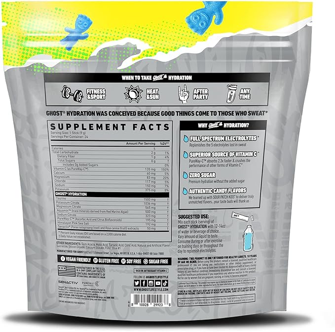 GHOST Hydration Packets Sour Patch Kids Blue Raspberry 24 Sticks Electrolyte Powder - Drink Mix Supplement with Magnesium Potassium Calcium Vitamin C - Vegan Free of Soy Sugar &amp Gluten