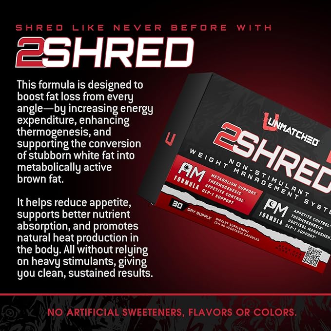 Unmatched 2Shred AM + PM | Non Stimulant Weight Management System | Thermogenesis Fat Burning &amp Appetite Control | 180 Vegetable Capsules 30 Day Supply