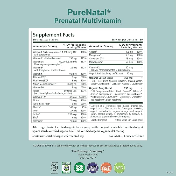 PURE SYNERGY PureNatal Prenatal Vitamins | Vegan Supplement Made with Organic Whole Foods | with Natural Iron Folate and Choline | for Pre-Conception Pregnancy and Breastfeeding (120 Tablets)