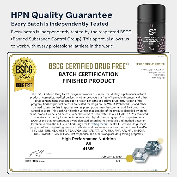 HPN S(9) Sirtuin Booster Ultra Pure Trans Resveratrol Healthy Aging Antioxidant Supplement High Performance Nutrition 30 Capsules