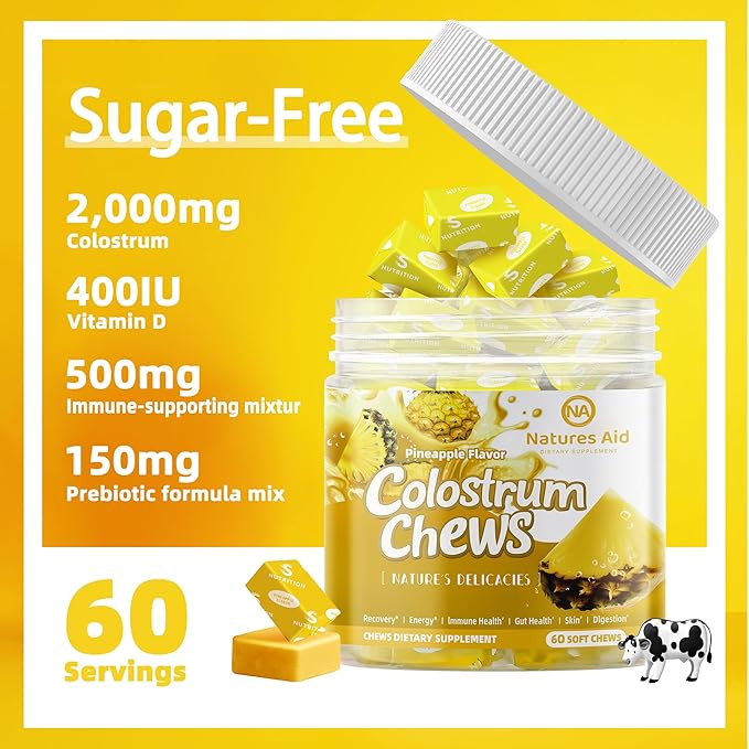 Colostrum Chews Supplement with probiotics for Gut Health Bloating Immune Support Skin Hair Growth and Beauty - Pineapple Flavor (60 Servings)