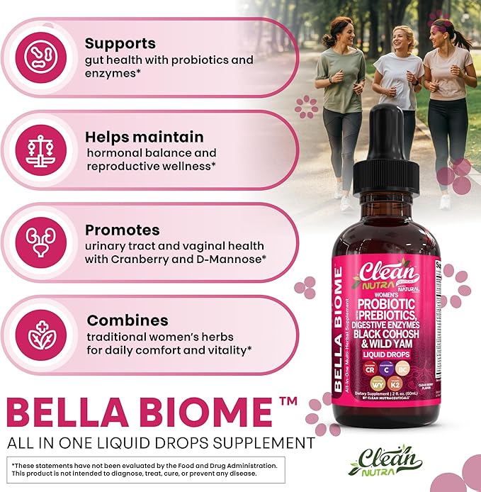 Liquid Probiotics for Women Drops with Chasteberry Black Cohosh Prebiotics Digestive Enzymes Evening Primrose Oil Wild Yam Cranberry Dmannose and Iron Vitamin D3 K2 Clean Nutra Bella Biotics (2)
