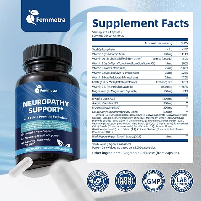 Nerve &amp Peripheral Neuropathy Support Supplement with 1200mg R-Alpha Lipoic Acid L-Carnitine Vitamin B12 B1 B6 D3 E Folate Lions Mane NAC Magnesium Turmeric - Liver Detox Antioxidant &amp Mental