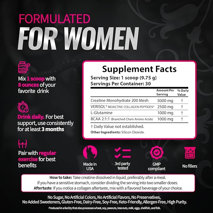 Bold Buns Creatine for Women – Booty Builder Supplement with Collagen &amp BCAA – Supports Muscle Development Post-Workout Recovery Skin Elasticity Healthy Hair &amp Nail | Unflavored – 30 Servin