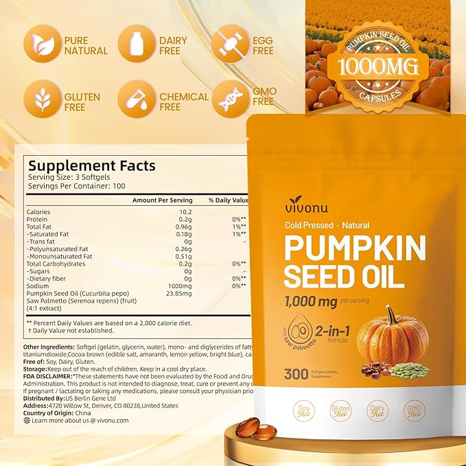VivoNu Pumpkin Seed Oil with Saw Palmetto Capsules | Cold Pressed Pure Virgin Oil Essential Fatty Acids &amp Phytosterols | 300 SoftgelsSupports Hair Urinary Bladder &amp Prostate Health | Non-G
