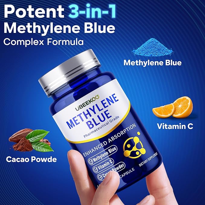30mg Methylene Blue Capsules Pharmaceutical Grade Methylene Blue Supplement with Vitamin C and Organic Cacao 60 Vegan Capsules