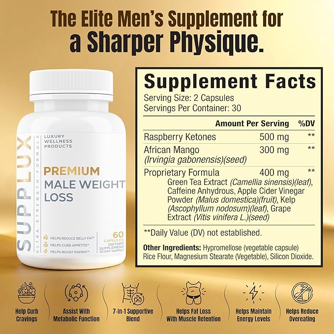 Premium Male Weight Loss - Fat Burner for Men - Supports Healthy Pathways Associated with GLP-1 Activity - Appetite Suppressant Energy Booster Helps Sustain Muscle - 60 Unisex Capsules