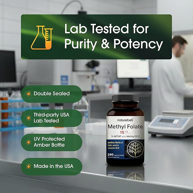 NatureBell Methyl Folate 15mg - 240 Capsules - 5-MTHF with Methyl B12-15mg L-Methylfolate &amp 1000mcg Vitamin B12 - Energy &amp Cognitive Support Supplement* - Gluten-Free &amp Non-GMO
