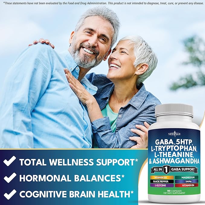 NEW AGE GABA 750mg 5 HTP 200mg L Tryptophan 500mg L Theanine 200mg Ashwagandha SAM-e L-Glycine - Vitamins for Women and Men with 5-HTP (5-Hydroxytryptophan) - 180 Count