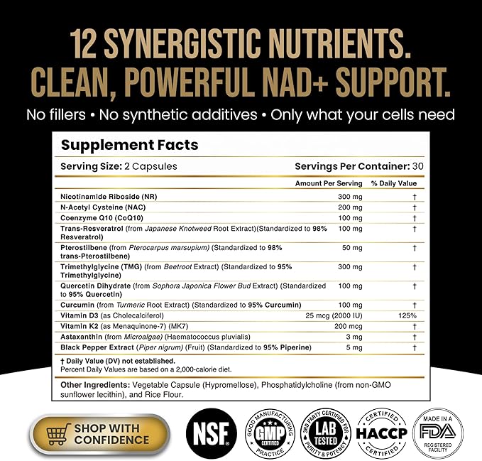 Liposomal NAD+ Supplement &amp NMN Alternative | Nicotinamide Riboside (NR) 1258 mg with Resveratrol Quercetin Pterostilbene &amp CoQ10-12-Nutrient High-Absorption Cellular Energy &amp Healthy Ag