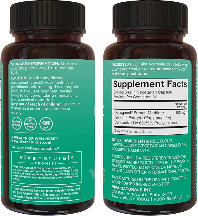 Viva Naturals Pycnogenol - 100mg French Maritime Pine Bark Extract – Supports Circulation Antioxidant-Like Activity Joints &amp Immune Health and Function – 60 Veggie Capsules