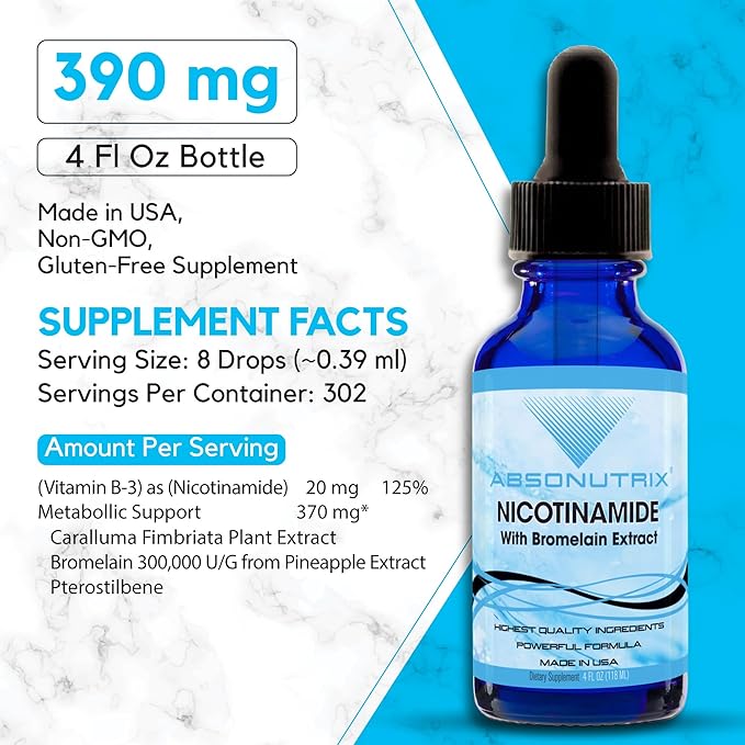 Absonutrix Nicotinamide with Bromelain Extract Advanced Formula 390 mg 4 Oz Liquid 302 Servings Made in USA Quick Absorption Quality Potent Ingredients Non-GMO GMP Certified Facility