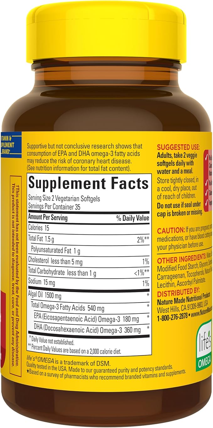 Nature Made Algae Oil Omega 3 Supplement 540mg Omega 3 Fish Oil Alternative 70 Veggie Softgels Sustainable Plant-Based for Healthy Heart Brain and Eye Support 70 Softgels