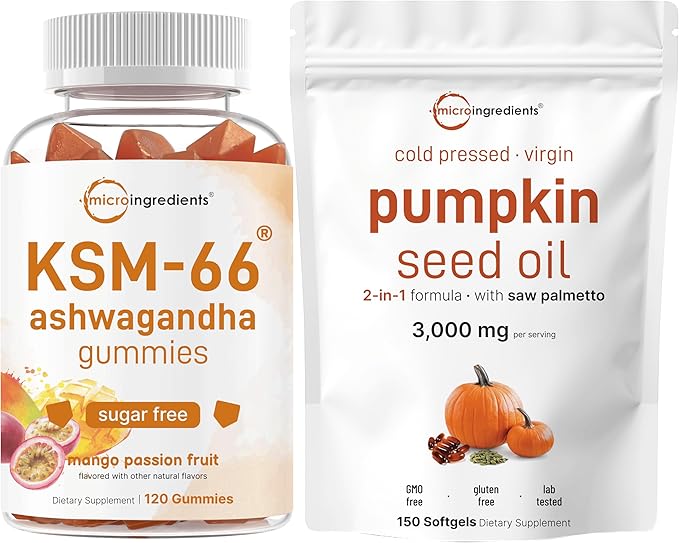 Micro Ingredients Pumpkin Seed Oil with Saw Palmetto 3000mg Softgels &amp KSM-66 Ashwagandha Gummies 300mg | 2 Pack | Retains Essential Fatty Acids &amp Phytosterols | Sugar Free Mango Passion Frui