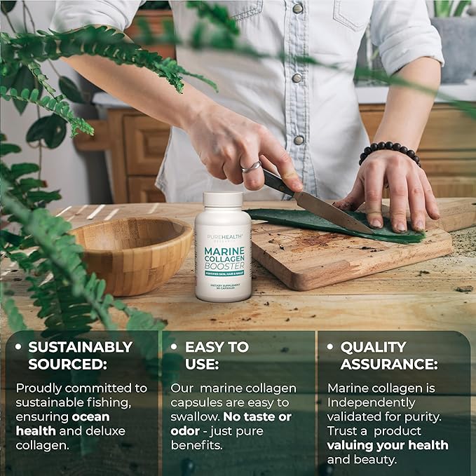 PUREHEALTH RESEARCH Marine Collagen Supplement - with Hyaluronic Acid Aloe Vera Leaf Extract Morikol Marine Collagen Tripeptides &amp Vitamin E - 90 Capsules