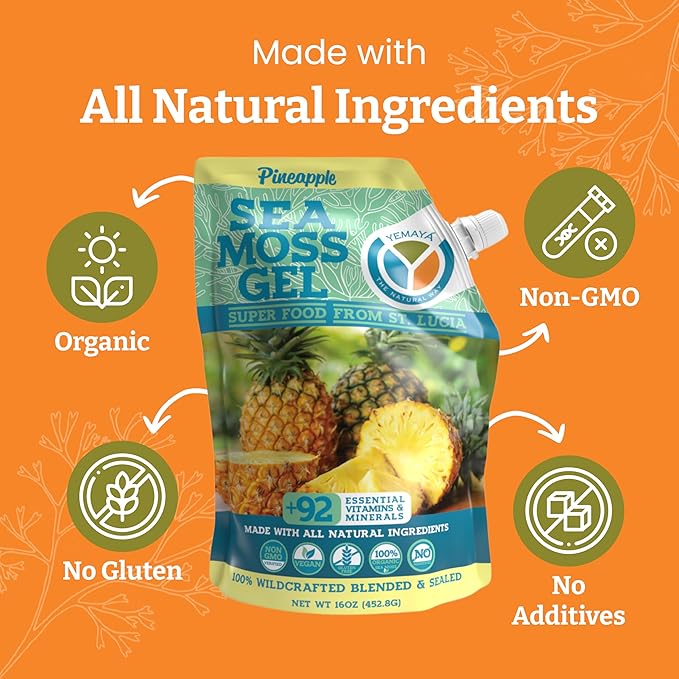 Yemayá Organic Sea Moss Gel Organic Raw | Wildcrafted Sea Moss Gel Enhanced with Real Fruit Boost Immunity Energy Digestion Hair Skin &amp Nails - 16 oz Pinaple Flavor