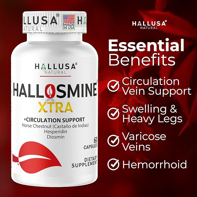 Hallosmine Xtra - Circulation &amp Vein Support Diosmin Horse Chesnut &amp Hesperidin 850mg + FREE Leg Cream | Leg Circulation Varicose Veins Spider Veins Hemorrhoids Blood Flow | 60 capsules