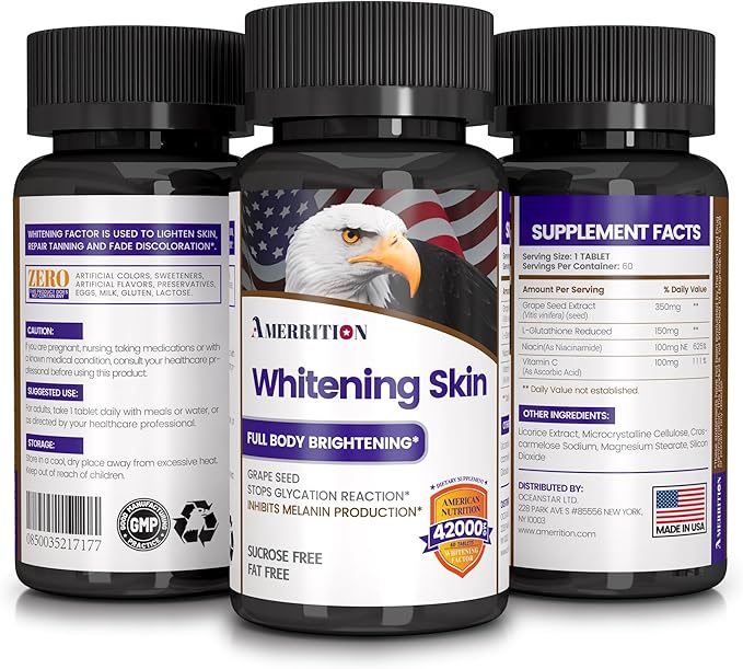 Skin Whitening Supplement Infused with Grape Seed Extract Glutathione Vitamin B3 and Vitamin C - 60 Tablet