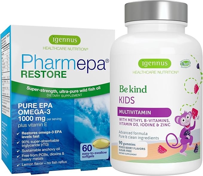 Igennus Pharmepa Restore + Methylated Kids Multivitamin Gummy Attention &amp Focus Bundle for 6y+ 1000mg Pure EPA Fish Oil + 90 Sugar Free Berry Gummies