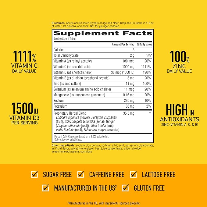 Vitamin C 1000mg (per serving) - Airborne Very Berry Effervescent Tablets (36 count in a box) Gluten-Free Immune Support Supplement With Vitamins A C E ZINC Selenium Echinacea &amp Ginger