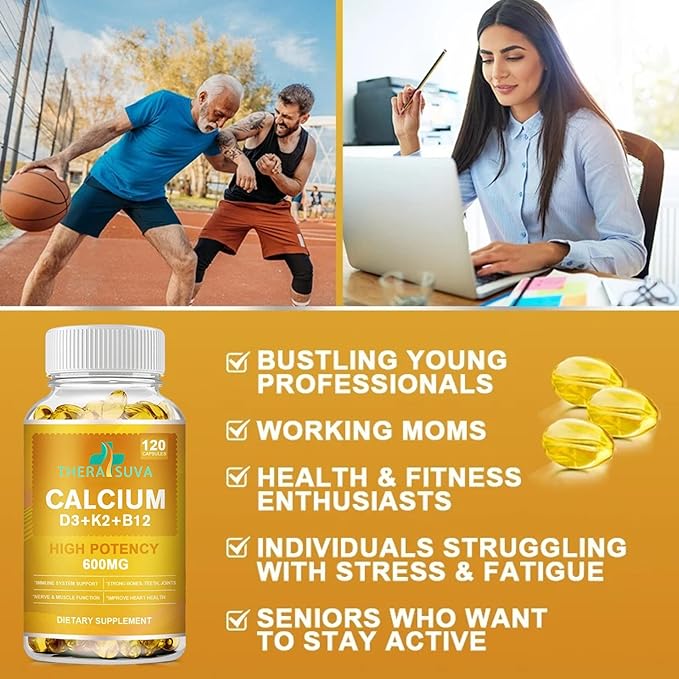 Extra Strength 4-in-1 Calcium 600mg + Vitamin D3 5000iu + K2 + B12 Natural Supplement Complex for Bone and Immune Health 2 Month Supply 120 Softgels