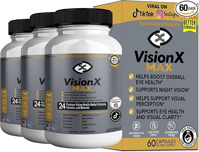 VisionX Maximum Strength Eye Health Supplement 24 Premium Vision Herbal Extracts Vitamins Minerals 60 Capsules 30-Day Supply (3)