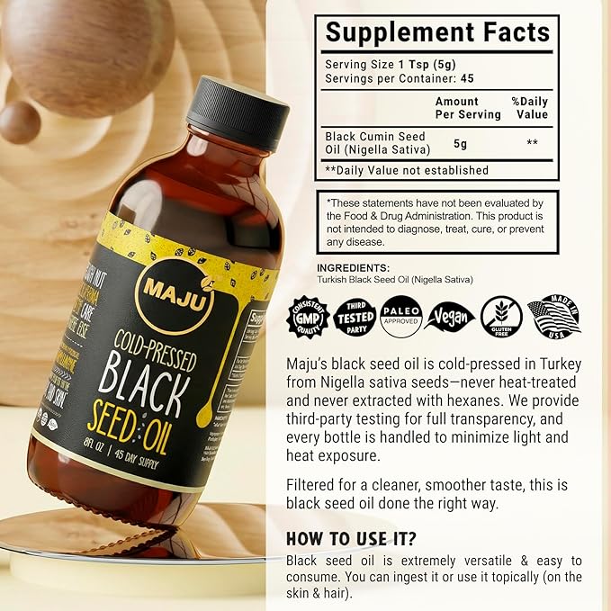 MAJU Black Seed Oil - 3 Times Thymoquinone Cold-Pressed 100% Turkish Black Cumin Seed Oil Liquid Pure Blackseed Glass Bottle 8 oz